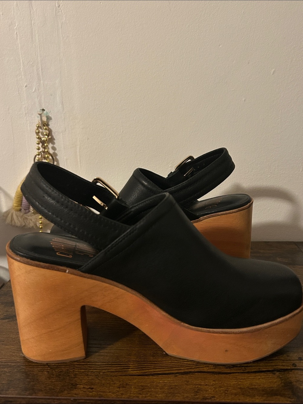 Charlotte Stone Black Leather Platform Clogs with Tan Wood-Look Sole - Picture 3 of 6
